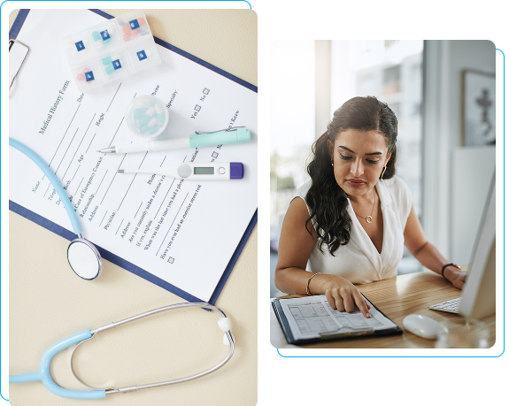 Doctors working with computers and paperwork.