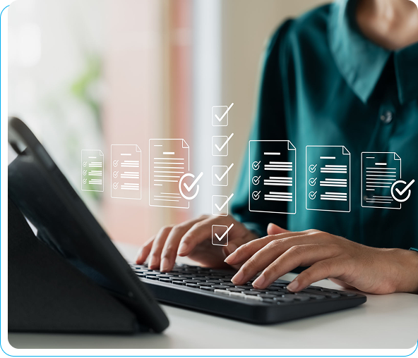Person typing with digital checklists overlay.
