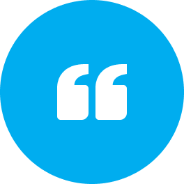 White quotation marks on blue circular background.